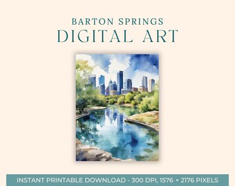 Barton Springs Aquarellmalerei (DIGITAL ART) Austin Wall Art, Texas, druckbare Wandkunst, digitale Kunst, Zilker Park, Aquarellkunst