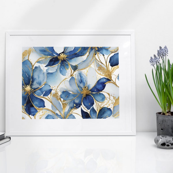 Blue Floral Art Print - Blue Gold Wall Art, Fine Art Poster, Abstract Flower Wall Art, Spring, Unique Wall Decor, Ethereal Fantasy Painting
