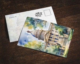 Austin State Capital Watercolor Postcard, 5 x 7 stationery, Austin Souvenir, Texas Art, Austin Art, UT Austin, Small Art, Austin Souvenir
