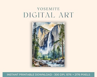 Yosemite National Park Watercolor (DIGITAL ART) Yosemite Falls, Waterfall, Nature, Outdoors, California, Printable Wall Art, Digital Print