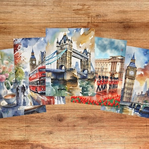 5 postales de Londres: juego de postales en acuarela, postal de Inglaterra, Reino Unido, Big Ben, Palacio de Buckingham, regalos de recuerdo de Londres, arte, viajes a Europa