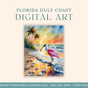 Pintura en acuarela de la costa del golfo de Florida (ARTE DIGITAL) Playa, arte de viajes, impresiones artísticas, postales caseras, arte de compromiso, espátula rosada, pájaro