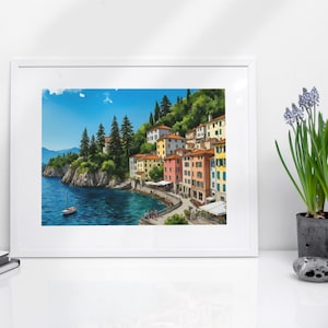 Stampa artistica ad acquerello del Lago di Como - Italia, Arte di viaggio, Stampe artistiche, Dipinti di città europee, Poster dell'Italia, Arte murale per amanti dei viaggi, Milano