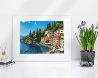 Impressão artística em aquarela do Lago de Como - Itália, Arte de viagem, Impressões de arte, Pinturas de cidades europeias, Pôster da Itália, Arte de parede para amantes de viagens, Milão