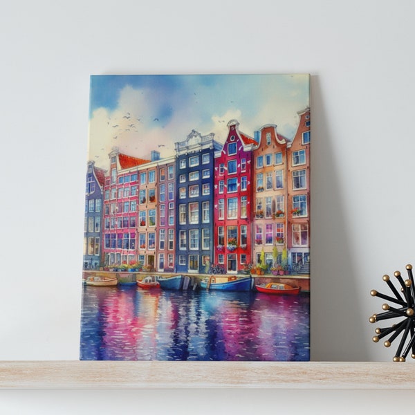 Amsterdam 1 Watercolor Art Canvas -  Netherlands, Travel Art, Print Canvas, Europe City Paintings, Watercolor Art Canvas, Holland