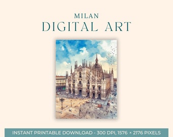 Milan Cathedral Watercolor Painting (DIGITAL ART) Italy, Travel Art, Art Prints, DIY Postcard, Engagement Art, Europe City Paintings