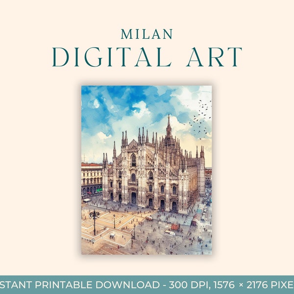 Milan Cathedral Watercolor Painting (DIGITAL ART) Italy, Travel Art, Art Prints, DIY Postcard, Engagement Art, Europe City Paintings