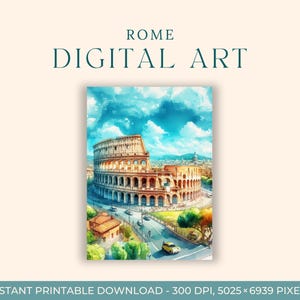 Peinture à l'aquarelle du Colisée de Rome (ART NUMÉRIQUE) Italie, art du voyage, impressions d'art, carte postale à faire soi-même, art de fiançailles, peintures de la ville de l'Europe, gondole
