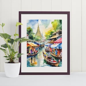 Bangkok Floating Market Watercolor Art Print - Thailand, Wall Art, Travel Art, Art Poster, Asia Paintings, Print Poster Art, Thailand Gift