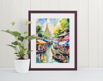 Bangkok Floating Market Watercolor Art Print - Thailand, Wall Art, Travel Art, Art Poster, Asia Paintings, Print Poster Art, Thailand Gift