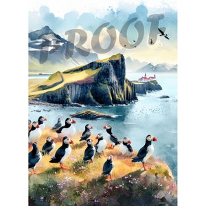 May include: A watercolor painting of a rocky cliffside with a small village in the distance. The cliff is covered in green grass and wildflowers. A group of puffins are perched on the edge of the cliff, looking out at the ocean. The sky is blue and cloudy. The word "PROOF" is written in large, white letters across the top of the image.