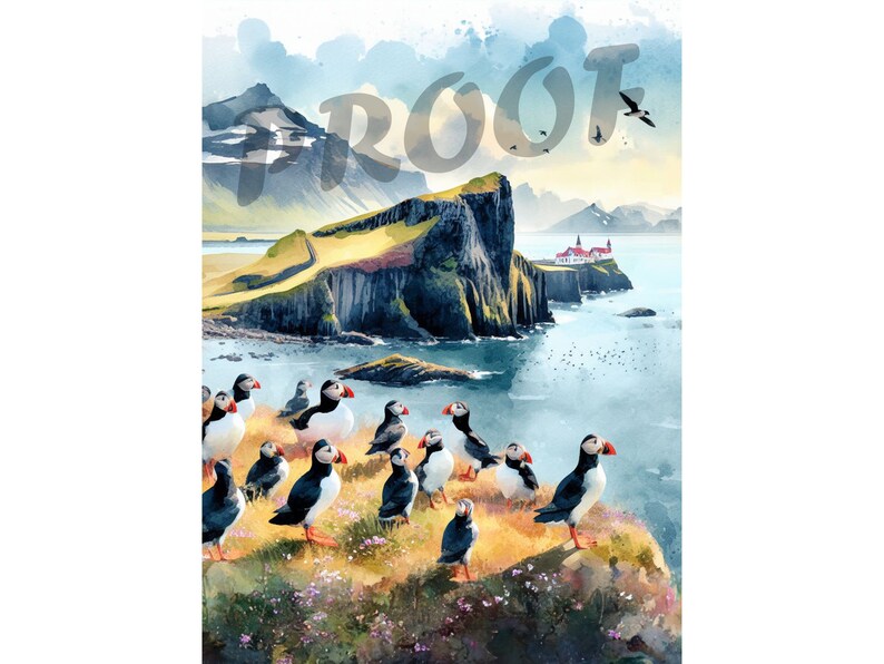 May include: A watercolor painting of a rocky cliffside with a small village in the distance. The cliff is covered in green grass and wildflowers. A group of puffins are perched on the edge of the cliff, looking out at the ocean. The sky is blue and cloudy. The word "PROOF" is written in large, white letters across the top of the image.