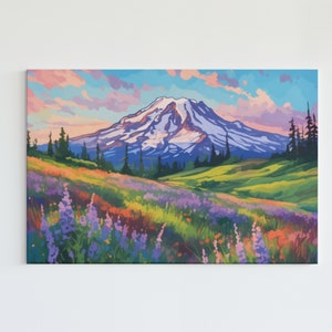 Mount Rainier Watercolor Art Canvas - National Park Gifts, Washington Wall Art, Nature Art, Mountains, Colorful Wall Art, Art Print Canvas,