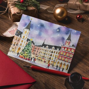 Weihnachten in Madrid Aquarell Postkarte, 5 x 7 Grußkarten, digitale Kunst, Spanien, Reisekunst, Europa, Weihnachtskartenset