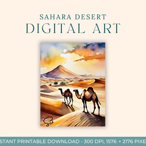 Aquarelle du désert du Sahara (ART NUMÉRIQUE) Maroc, Art du voyage, Impressions d'art, DIY carte postale, Art de fiançailles, Chameau, Art d'équitation de chameau