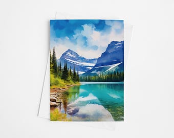 May include: A watercolour print of a mountain lake scene, with blue mountains, trees, and a bright sky. The artwork is on a white card, suitable for sending a note or displaying as art.