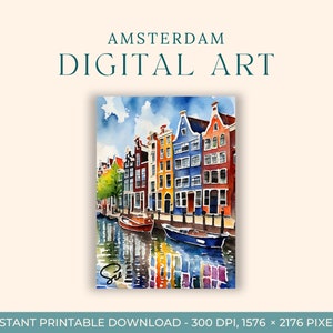 Peinture à l'aquarelle Amsterdam 2 (ART NUMÉRIQUE) Pays-Bas, art du voyage, impressions d'art, carte postale à faire soi-même, art de fiançailles, peintures de la ville de l'Europe