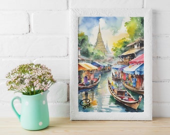バンコク水上マーケットの水彩画（デジタルアート）タイ、旅行アート