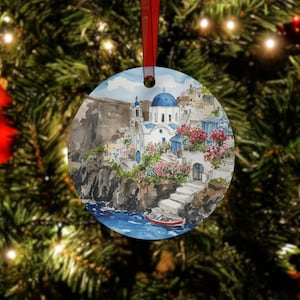 Santorini Christmas Ornament - Greece, Mediterranean Tree Ornament, Wedding Ornament, Engagement Gift, Travel Gifts, Blue Dome, Boat Seaside