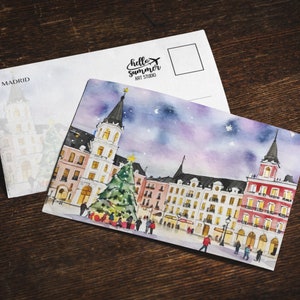 Cartão postal de aquarela de Natal em Madri, conjunto de cartões comemorativos 5 x 7, arte digital, Espanha, arte de viagem, Europa, conjunto de cartões de Natal