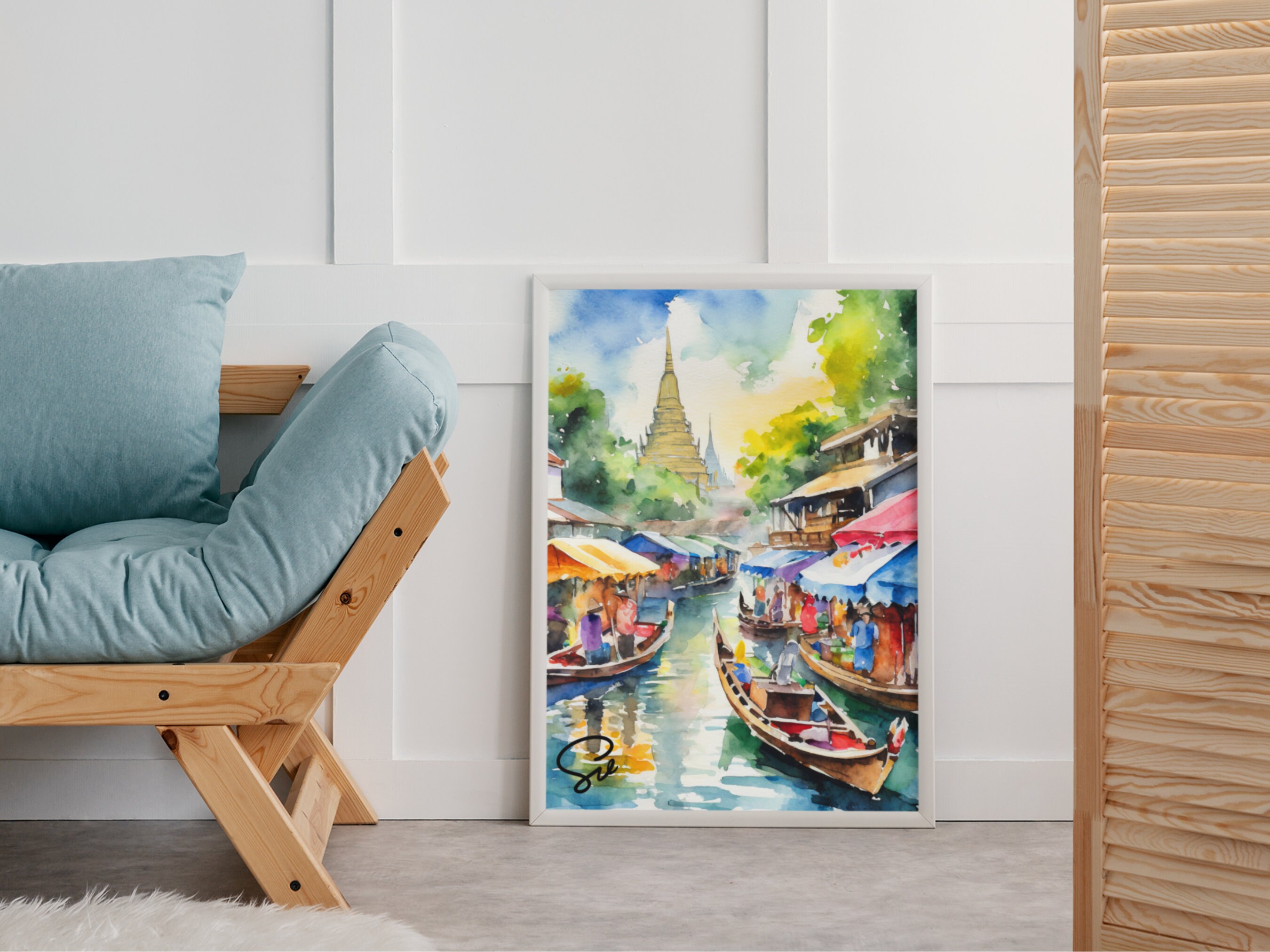 バンコク水上マーケットの水彩画（デジタルアート）タイ、旅行アート