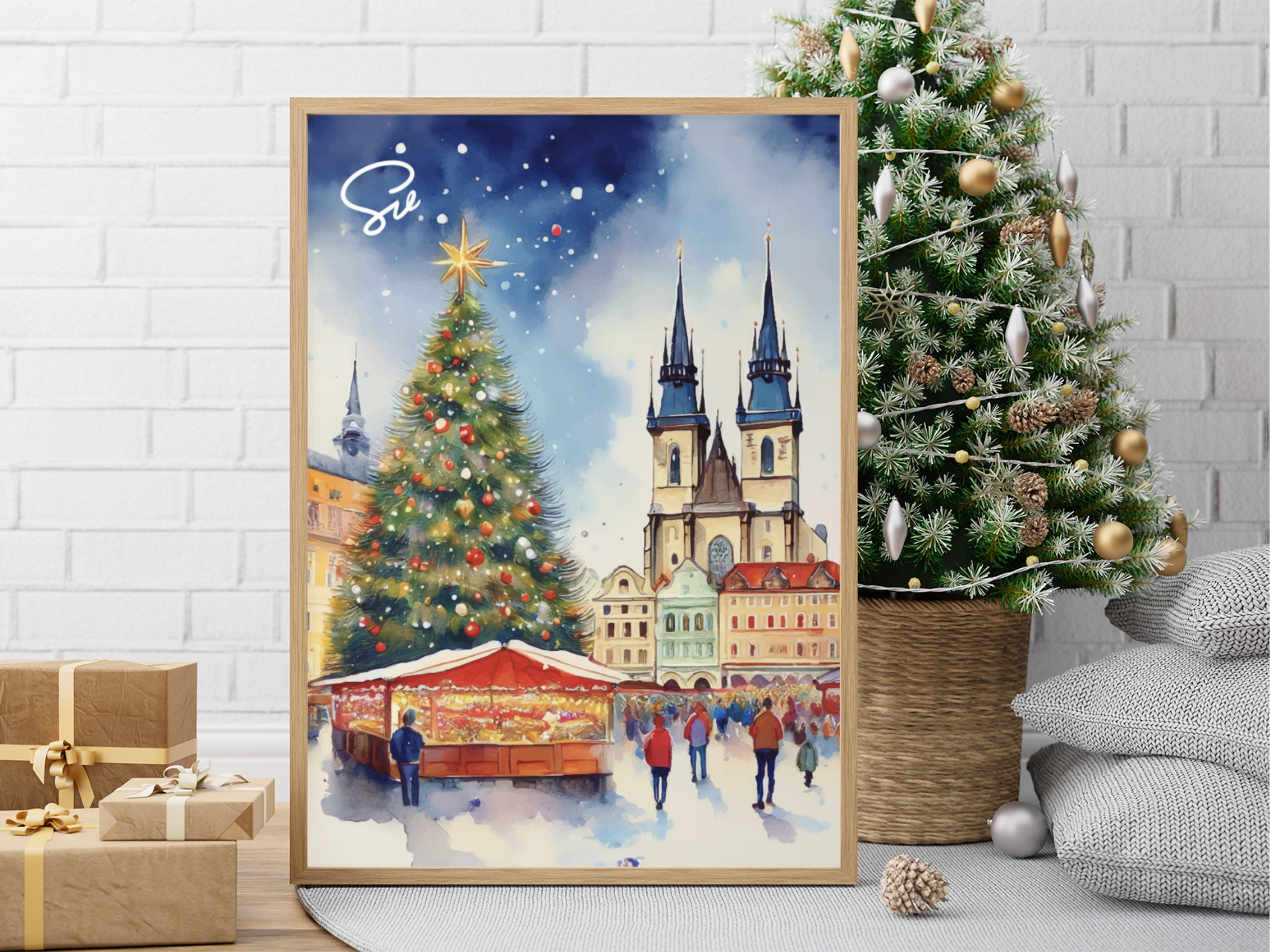プラハのクリスマスの水彩画（デジタルアート）チェコ共和国、ティーン