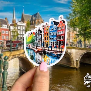 Pegatina de casas en los canales de Ámsterdam: pegatina de los Países Bajos, pegatina de Holanda, pegatina de viaje, pegatina de Europa, arte de acuarela de Ámsterdam, pasión por los viajes