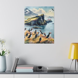 May include: A watercolor painting of a rocky cliffside with a small red building on top. The cliff is surrounded by water and there are many puffins standing on the rocks. The sky is blue and there are some clouds.