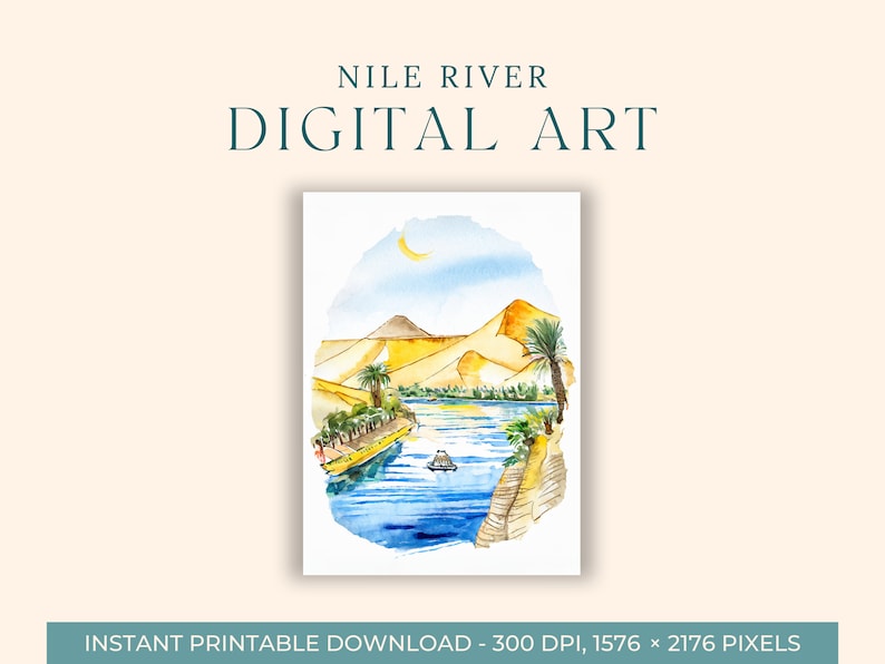 Nile River Watercolor Painting DIGITAL ART Egypt, Cairo, Travel Art ...