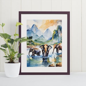 Chiang Mai Elephants Watercolor Art Print - Thailand, Travel Art, Wall Art, Watercolor Prints, Asia Wall Art, Nature Poster, Mountains
