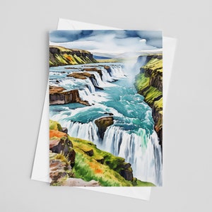 Biglietti d'auguri acquerellati Gullfoss, set di biglietti d'auguri 5 x 7, arte digitale, pittura islandese, opere d'arte di viaggio, cancelleria europea, Reykjavik