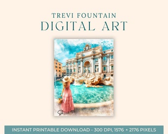 Trevi Fountain Rome Watercolor Painting (DIGITAL ART) Italy, Travel Art, Art Prints, DIY Postcard, Engagement Art, Europe City Paintings