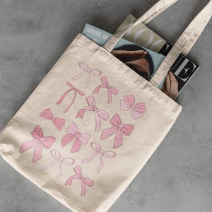 Cabas en toile avec nœud ruban - Sac de bibliothèque, sac de courses réutilisable, sac fourre-tout en coton, sac de plage de voyage, coquette, nœud rose, sac fourre-tout girly tendance