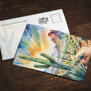 Carte postale aquarelle du parc national de Saguaro, jeu de cartes de voeux 5 x 7, art numérique, cadeaux parc national, cactus, Arizona, désert, sud-ouest