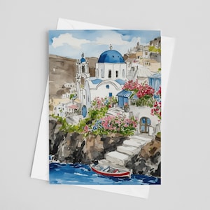 Santorini aquarel wenskaarten, 5 x 7 wenskaarten set, Griekenland, Europa reisbriefpapier, notitiekaarten, kust, blauwe koepel, beeldende kunst