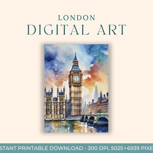 Aquarelle Big Ben (ART NUMÉRIQUE) Art imprimable Londres, Angleterre, Art du voyage, impression d'art, carte postale DIY, Art de fiançailles, villes d'Europe