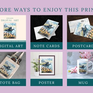 May include: A collage of different ways to enjoy a print of a watercolor painting of a cliff in Iceland with puffins. The print is available as digital art, note cards, a postcard, a tote bag, a poster, and a mug.