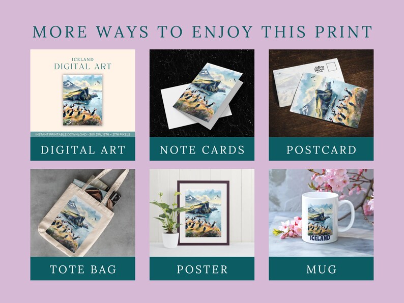 May include: A collage of different ways to enjoy a print of a watercolor painting of a cliff in Iceland with puffins. The print is available as digital art, note cards, a postcard, a tote bag, a poster, and a mug.