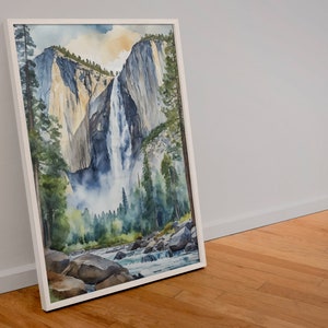 May include: A watercolor painting of a waterfall cascading down a rocky cliff face in Yosemite National Park. The painting features a vibrant blue sky, lush green trees, and a rushing river in the foreground.