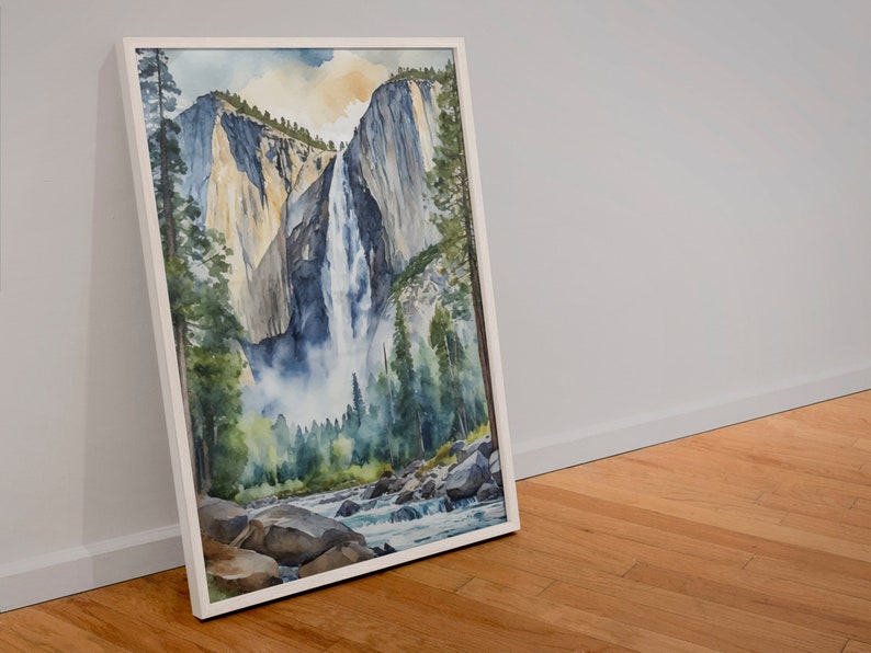May include: A watercolor painting of a waterfall cascading down a rocky cliff face in Yosemite National Park. The painting features a vibrant blue sky, lush green trees, and a rushing river in the foreground.