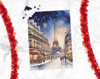 Christmas in Paris Watercolor Puzzle - France Gifts, Kids Christmas Gift, Puzzle Lover, Jigsaw, Wooden Puzzle, Holiday, Secret Santa