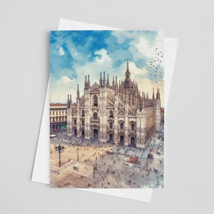 Cartes de voeux de la cathédrale de Milan, jeu de cartes de voeux 5 x 7, art numérique, peinture Italie, oeuvre d'art de voyage, papeterie Europe