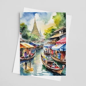 Cartões de saudação em aquarela de Bangkok, conjunto de cartões de saudação 5 x 7, arte digital, pintura na Tailândia, arte de viagem, papelaria da Ásia, mercado flutuante