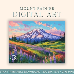 Parc national du Mont Rainier, aquarelle (ART NUMÉRIQUE) Parc national, Washington, art mural imprimable, impression numérique, montagne