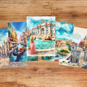 Lot de 5 cartes postales italiennes - aquarelle, carte postale de Rome, fontaine de Trevi, télécabine de Venise, cathédrale de Milan, Duomo de Florence, voyage Europe