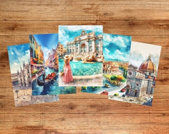 以下が含まれることがあります： イタリアの有名なランドマークを描いた水彩画5点。絵画は木製の表面に一列に並んでいます。絵画は、トレヴィの泉、コロッセオ、フィレンツェのドゥオモ、ヴェネツィアのドゥカーレ宮殿、ローマのパンテオンを描いています。
