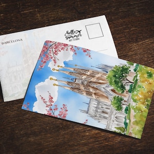 Sagrada Familia Barcelona Watercolor Postcard, 5 x 7 greeting card set, digital art, watercolor painting, travel artwork, Spain Postcards