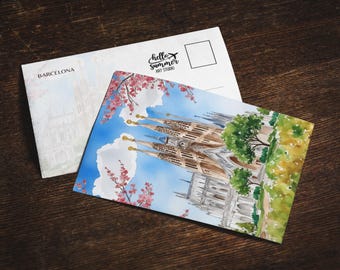 Cartão postal em aquarela da Sagrada Família, Barcelona, 5 x 7, papelaria, pintura em aquarela, arte de viagem, cartões postais da Espanha, lembrança de Barcelona