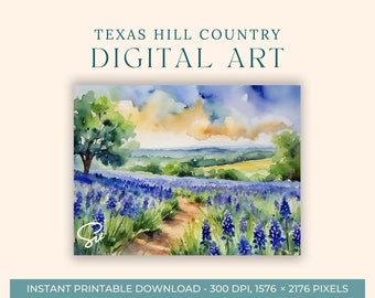 Texas Hill Country Watercolor Painting (DIGITAL ART) Blue Bonnets, Texas Wall Art, Printable Wall Art, Digital Art, Watercolor Art Print