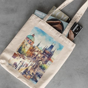 Karlsbrücke Prag Canvas Tote - Bibliothekstasche, wiederverwendbare Einkaufstasche, Baumwolltasche, Reisestrandtasche, Kunst Europa, Tschechische Republik